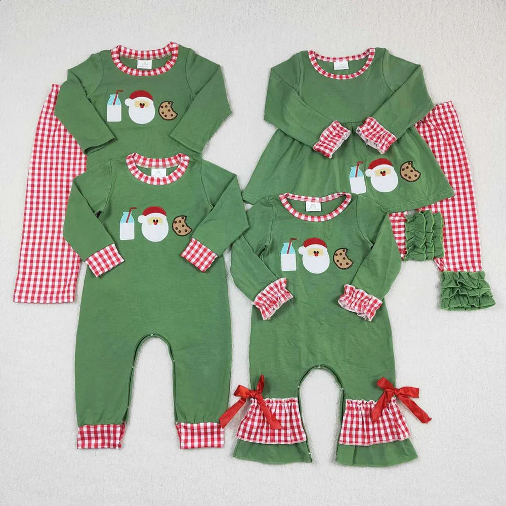 Fashion Baby Girls Clothes Christmas Milk Cookie Santa Claus Embroidery Kids Sibling Clothes Boys Sets Match Baby Rompers 240911
