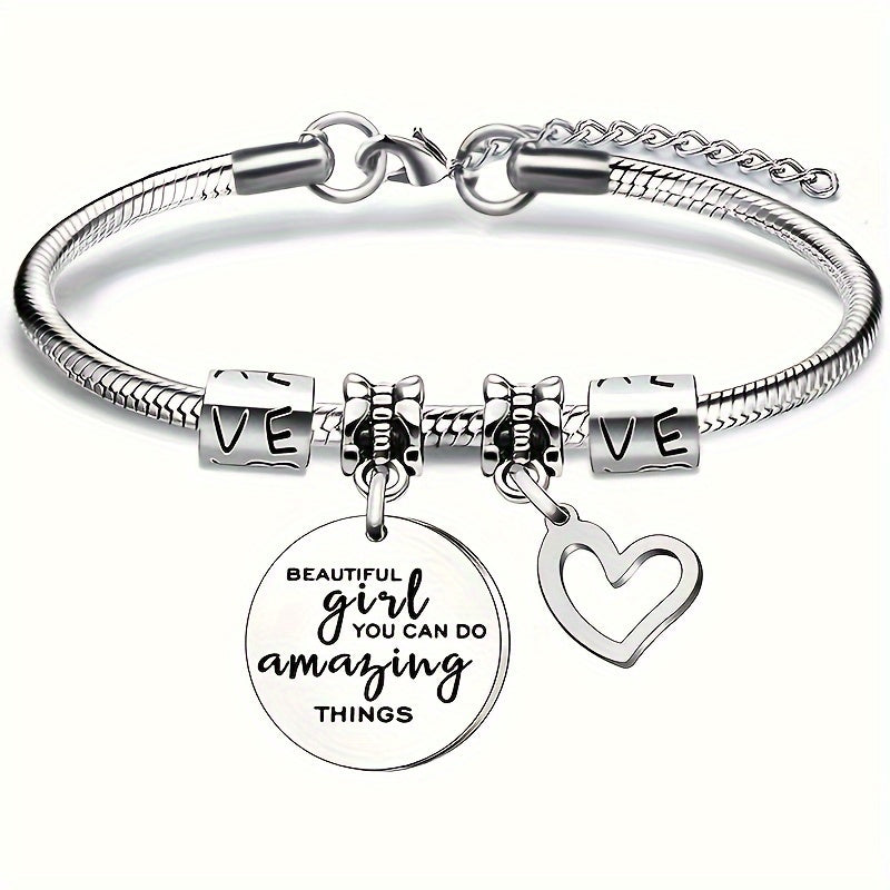TEMU 1pc Stainless Steel Simple Elegant Heart-shaped Ti Steel Bracelet Pendant, With Engraving, For Girlfriend, Valentine's Day, New Year, Bff Gift