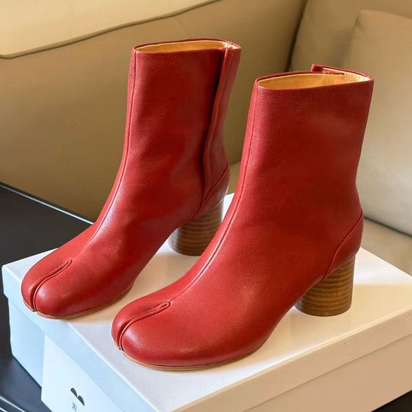 Luxury Designer Split Toe Boots Bursting mirror surface Genuine Leather Women&#039;s pig&#039;s feet Ankle Boots Horseshoe Vintage High Heel
