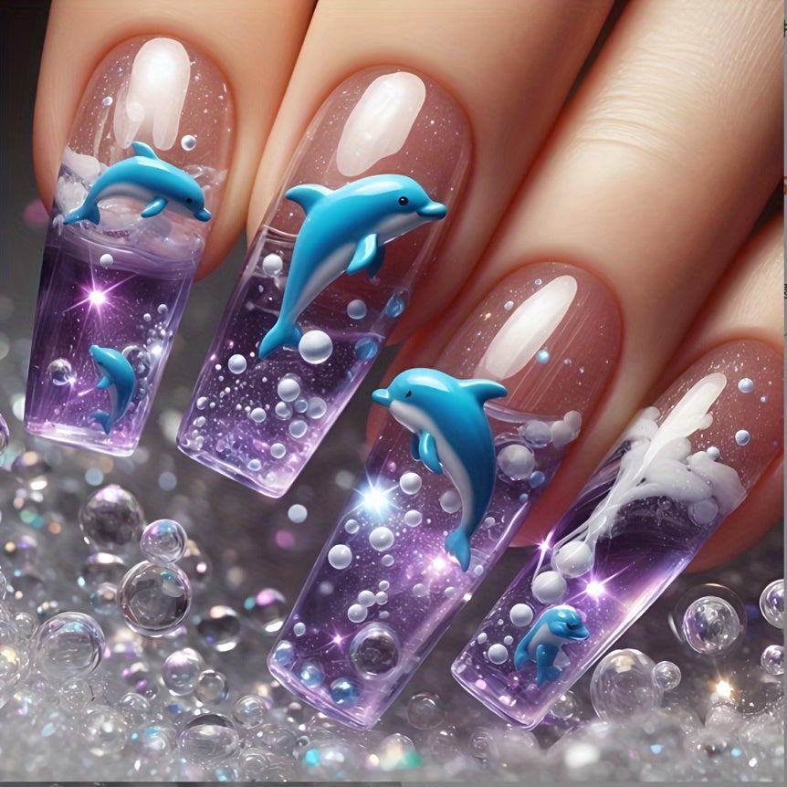TEMU 24pcs 3d Dolphin Press On Nails - Square Medium Length Glossy False Nails With Jelly Glue & Nail File, Vibrant Purple & Tank Design With Bubbles