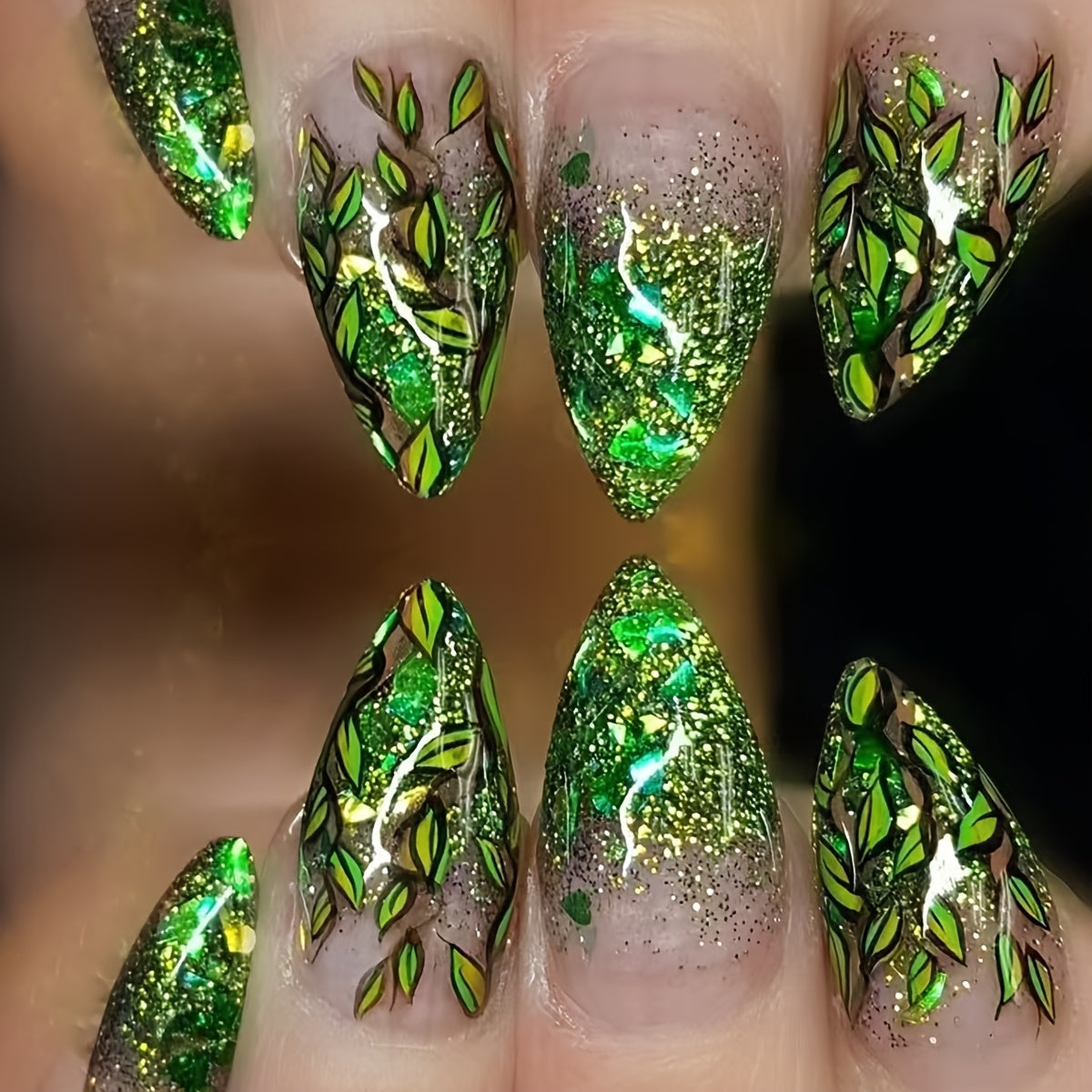 TEMU 24pcs Long Almond-shaped Green Leaf Glitter Fake Nails - Glossy Shimmering Press-on Nails For Parties & Casual Attire, Nail Accessories
