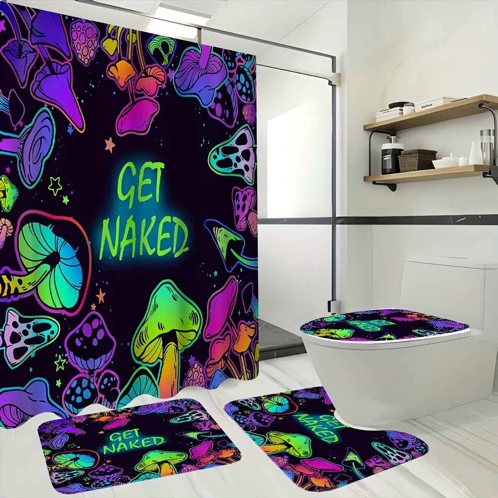 TEMU 1-4pcs Colorful Mushroom Pattern Bathroom Set, High Quality Barrier Multi Functional Shower Curtain With 12 Hooks, Non Slip Bathroom Floor Mat,