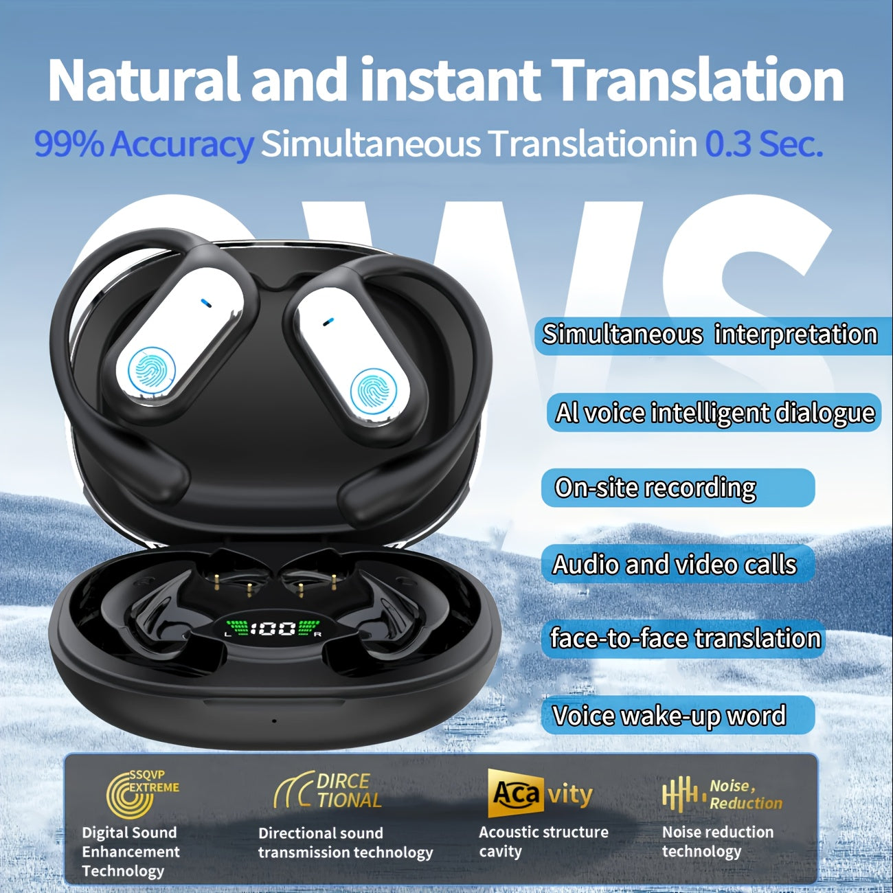 TEMU Language Translation Headset - Real Time Translation For Business Travel And Social Communication, Open Earbuds With Microphone And Speaker, 3in