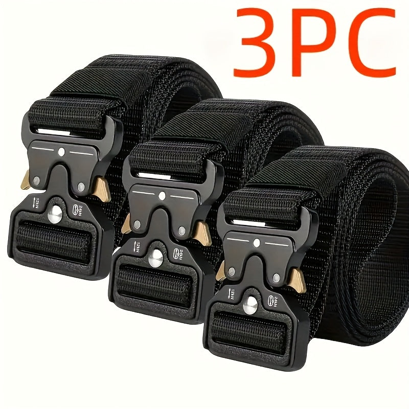 TEMU 3pcs Tactical Waist Belts With Pockets - Durable Nylon, Adjustable Black Waist Belt With Metal , Outdoor Activities, Sports, And Casual Attire,