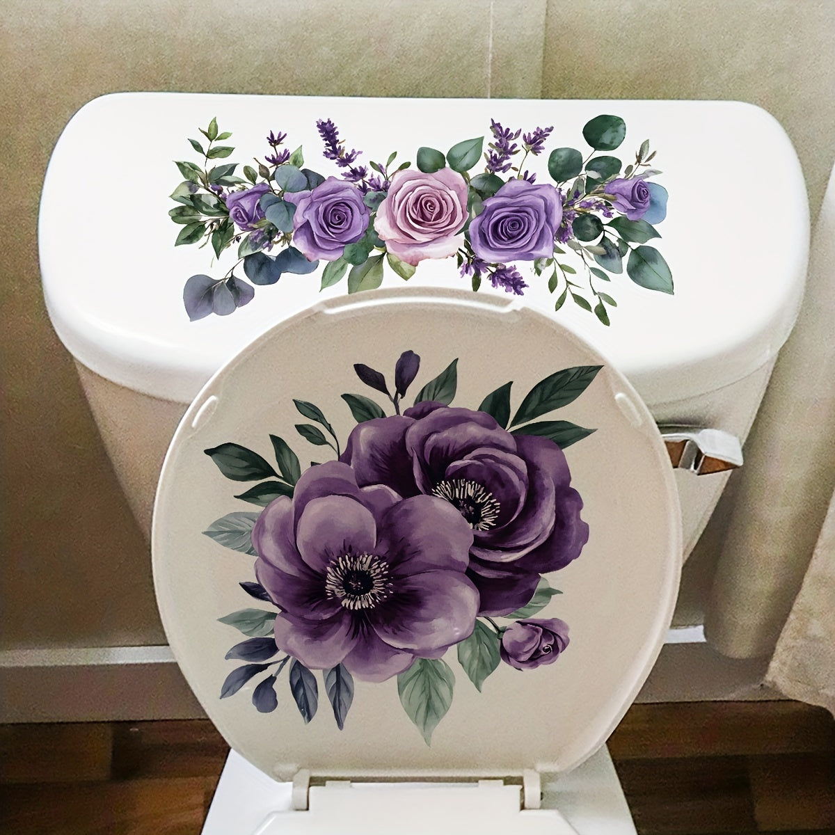 TEMU 1pc Self-adhesive Polyvinyl Chloride Toilet Lid Decals - Waterproof, , Removable Purple Flower Pattern For Home Decor, Bathroom, , Hallway