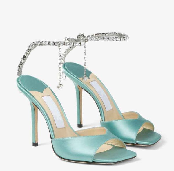 Luxury Women Satin sandal high heels shoes SAEDA SANDAL 100mm Crystal ice white gold particle glitter sandals Square toe strass ankle strap