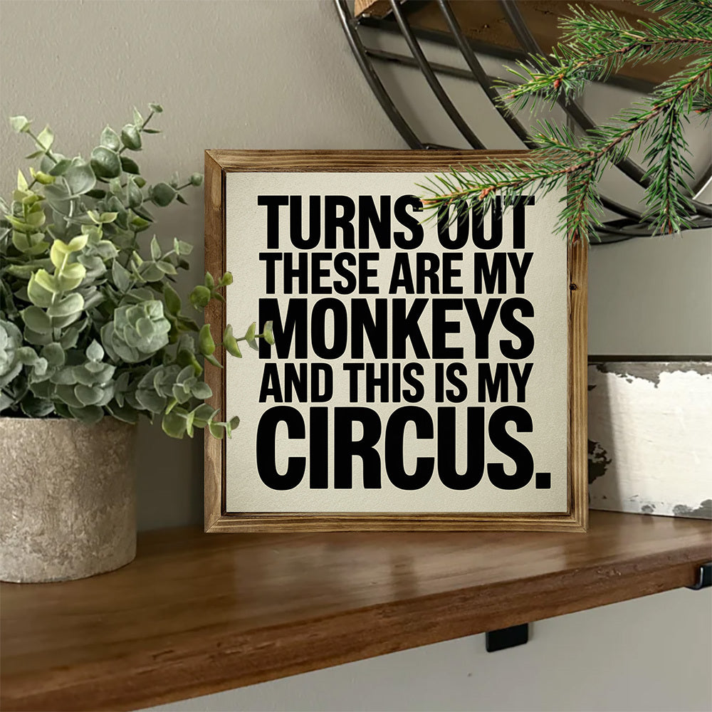 TEMU Family Quote Wooden Sign - "turns Out Are My Monkeys" Framed Wall Decor - Beige & Black Farmhouse Decoration - 8x8 Inch Horizontal Or Vertical