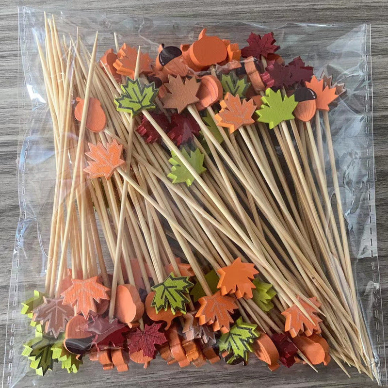 TEMU 50pcs Disposable Bamboo Fruit Picks - Autumn Maple Leaf & Pumpkin-shaped Skewers With Pointed Tips, Cartoon Style Serving Utensils For Parties,