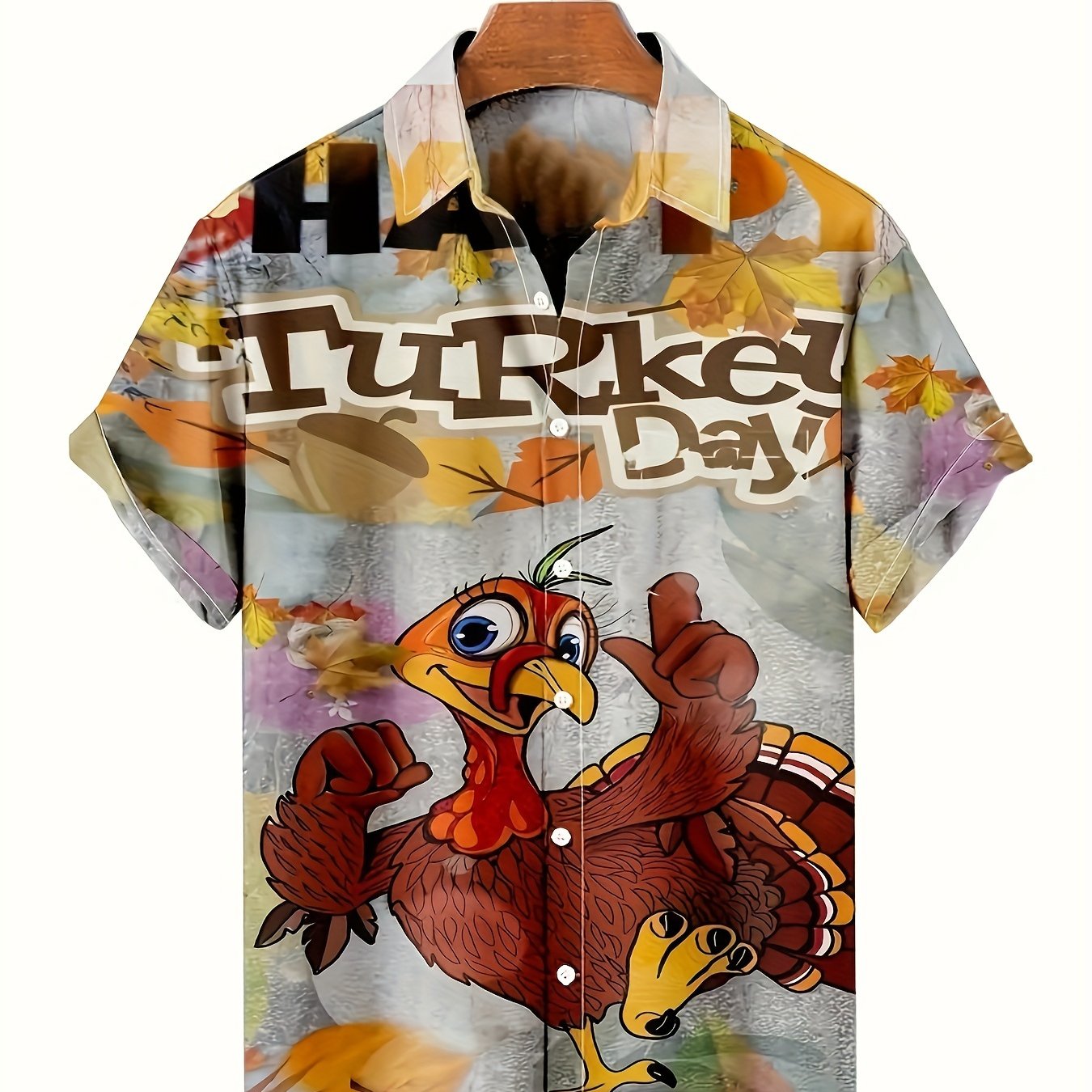 TEMU Men's Vintage - Slim Fit Short Sleeve Button-up With Turkeys & Print, Lightweight Non-stretch Fabric, Plus Size, Casual & Semi-formal Wear For