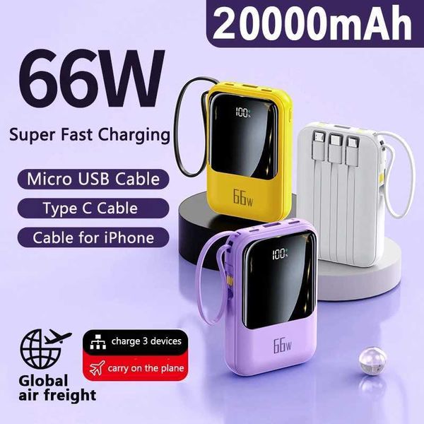 Cell Phone Power Banks Mobile Power Supply with Built-In Cable Fast Charging Power Bank Waterproof Portable iPhone 20000mAh 66W J241111