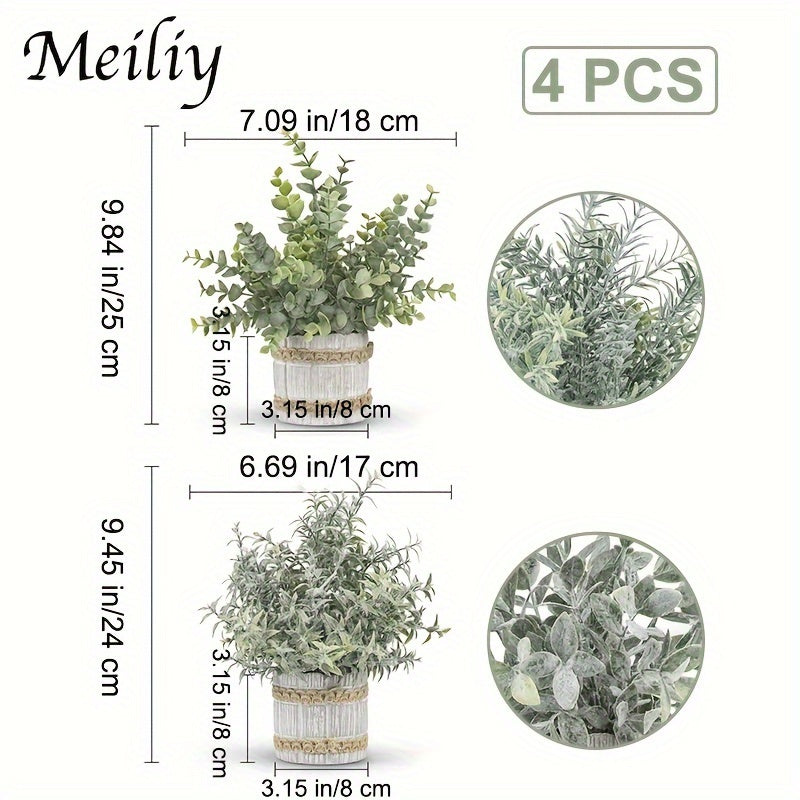 TEMU 4pcs Mini Artificial Potted Plants - Realistic Fake Greenery With White Pots, Low-maintenance Indoor-outdoor Decor For Home, Office, Party - No