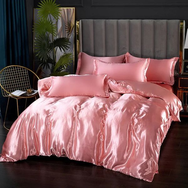 Pure en Bedding Set - 100% Silk Pink Queen-King Bed Sheet Set, Duvet Cover & Pillowcases