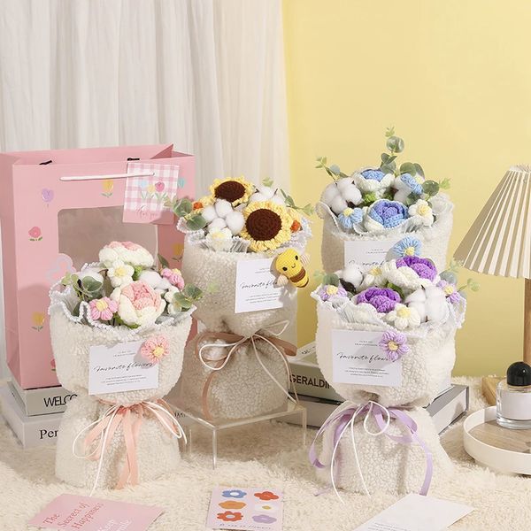 Finished Crochet Flowers Bouquet Knitting Flower Bouquets Wedding Home Decoration Graduation Valentines Day Gift 250109