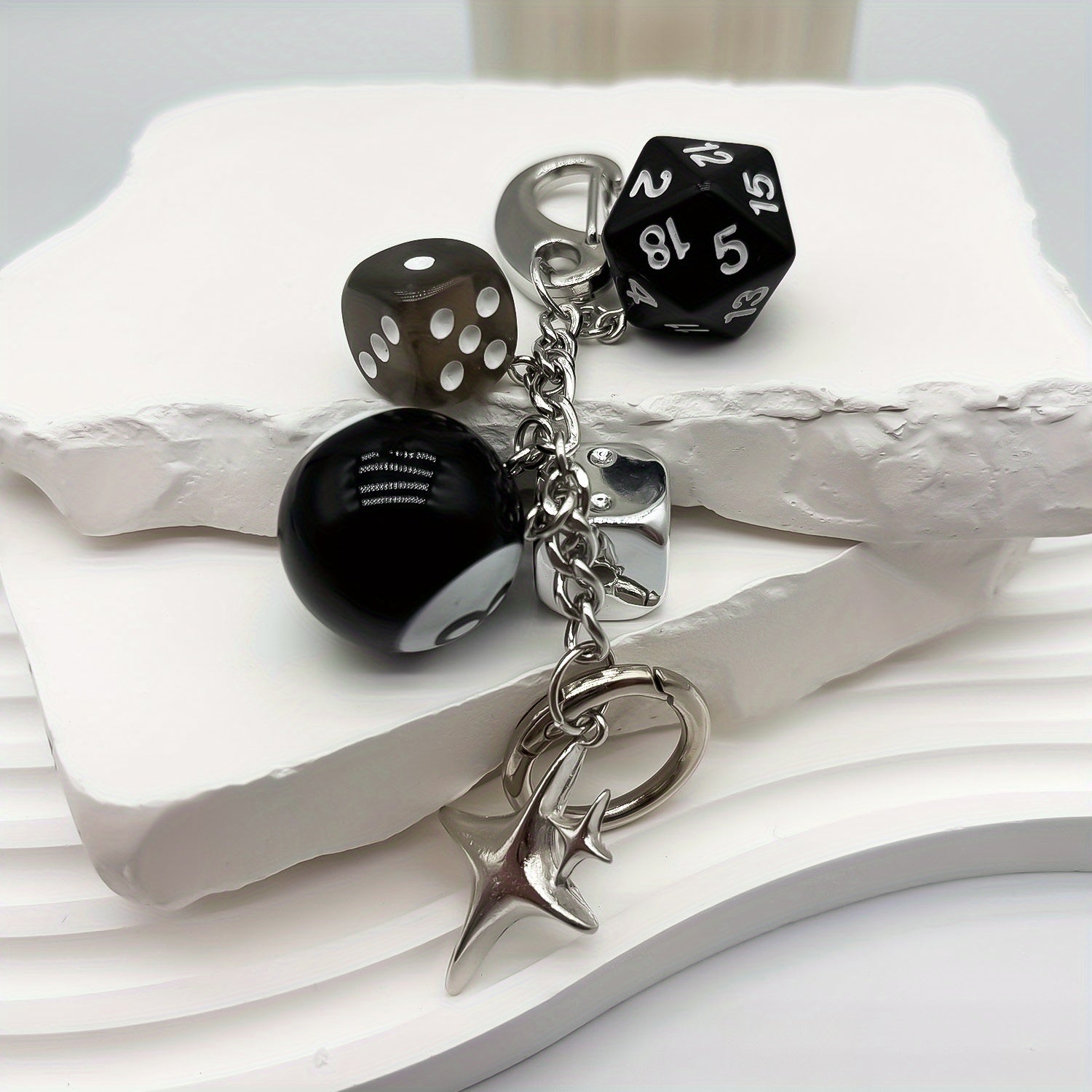 TEMU 1pc Retro Gaming Keychain With Ball, D20, D6, D4 Dice & Star Charm - Stainless Steel Pendant For Car, Bag, Or Keychain Decor - For Gamers &