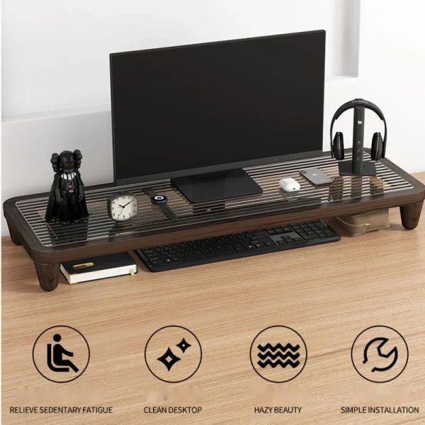 Adjustable Bamboo Computer Monitor Stand Office Desktop Height Rack Monitor Storage Shelves Desk Table Organizer