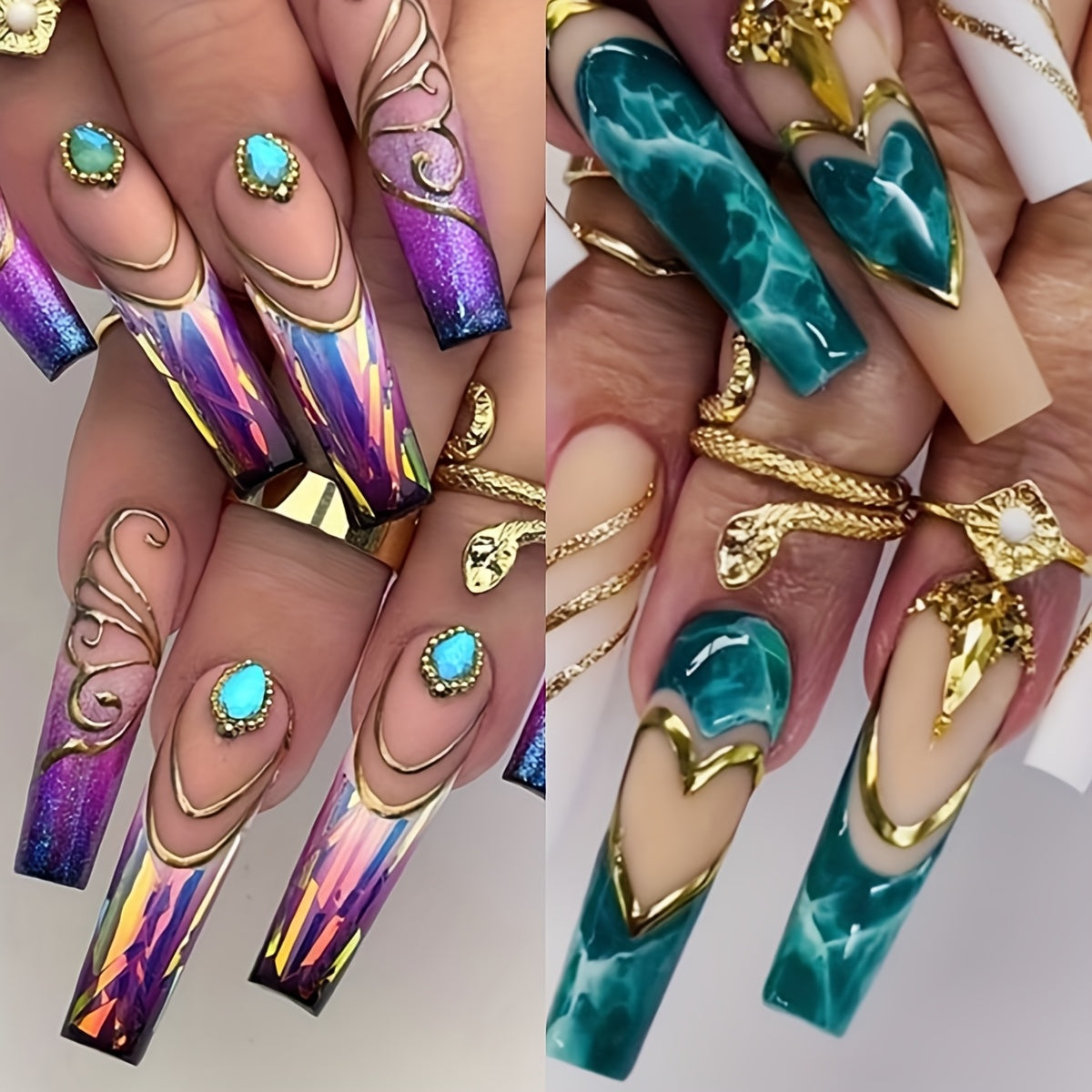 TEMU 48pcs Long Coffin Press On Nails Acrylic French False Nails With 3d Flower And Cute , Handmade Mixed Glossy Fake Nails Set With Adhesive Tape