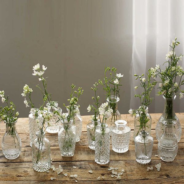 Vases Nordic Decorative Glass Embossed Mini Vase Hydroponic Flower Arrangement Transparent Vase Living Room Decoration Accessories P230411