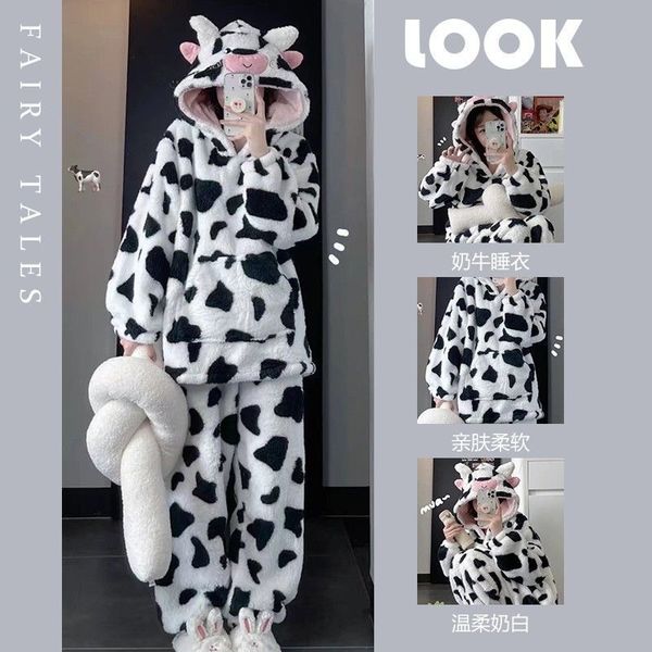2023 Winter Cartoon Cow Women&#039;s Pamas Flannel Hooded Sleepwear Kawaii Pijama Female Set With Pants Cute Pyjamas Loungewear