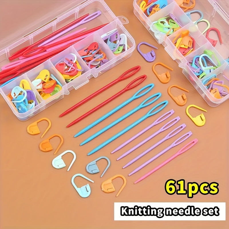 TEMU 61pcs Crochet And Knitting Accessories Tool Set - Multicolor Splicing Markers, Plastic Sewing Needles For Weaving, Sewing, And Needlework Diy