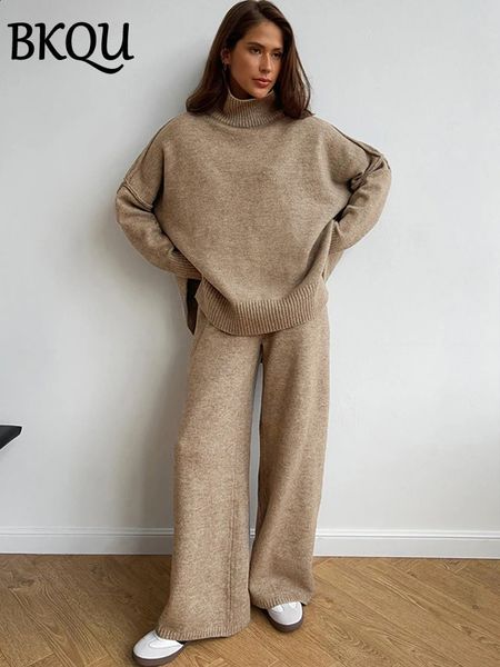 BKQ Knited 2 peças conjunto de mulheres suéter de gola alta e calças de pernas largas roupas de outono de inverno casual office ladies homew