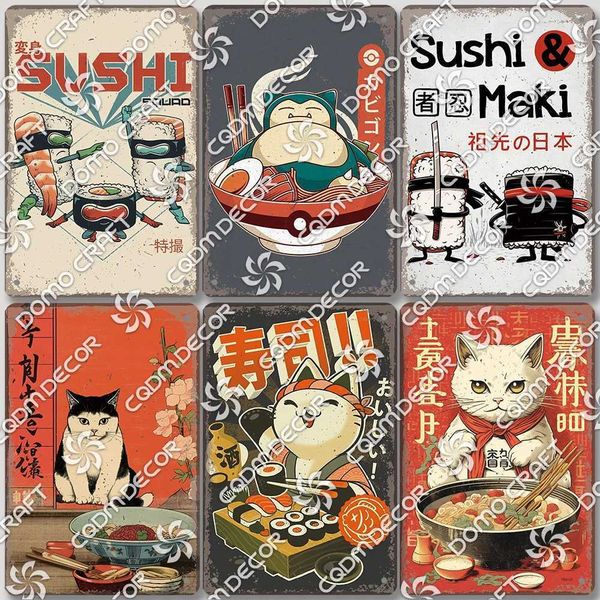 Cartoon Cat Japanese Food Plaque Tin Sign Retro Ramen Sushi Takoyaki Poster Metal Plates Bar Pub Restaurant Kitchen Wall DecorXJ241120