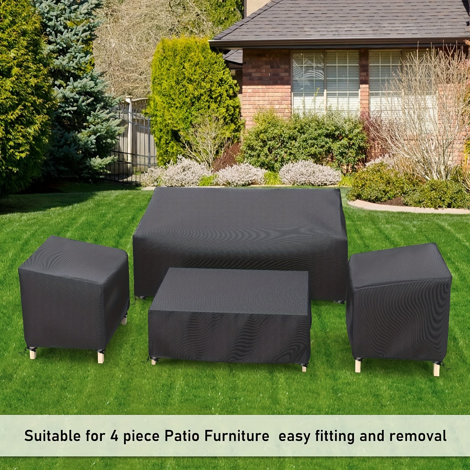 TEMU Black 4pcs Outdoor Furniture Cover Set - Windproof Straps. Fits Sofas, Lawn Chairs & Coffee Tables, Patio Rain