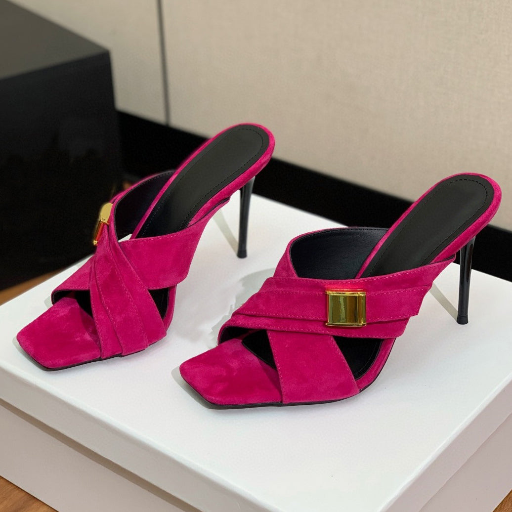 Top quality designer shoes Suede high heel slippers Belt buckle Decorative dress Shoes Stiletto Square toe High Heel sandals Wedding Party Shoes Fac