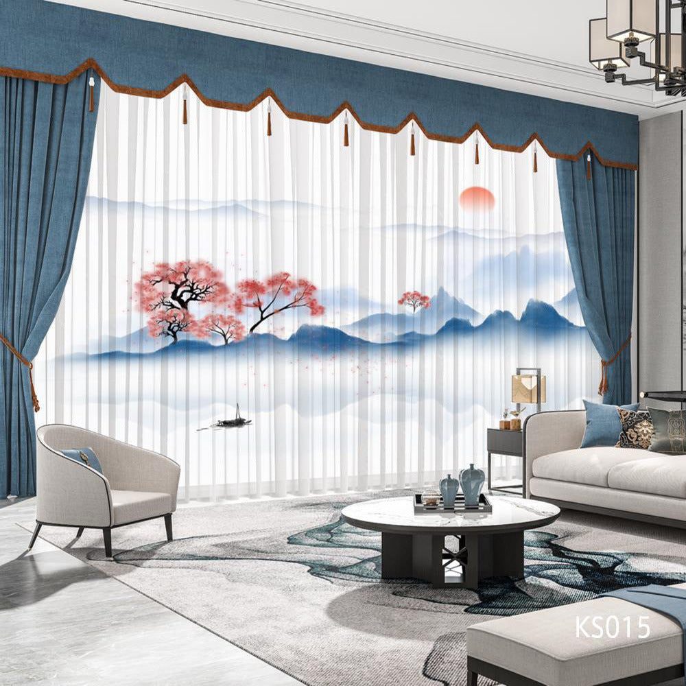 YL-36803 Modern New Chinese Style Ink Painting Landscape Living Room Study High-end Bedroom Famous Hotel Curtain Zen Gauze Curtain