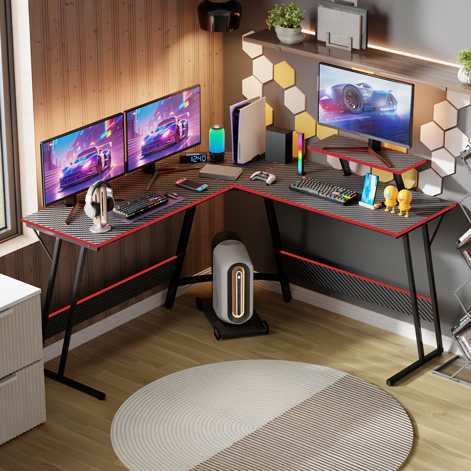 TEMU 51 Inch Gaming Desk L Shaped Desk Corner Computer Desk Desk With Large Monitor Stand Carbon Fiber Surface, Suitable For Office And , Game Room