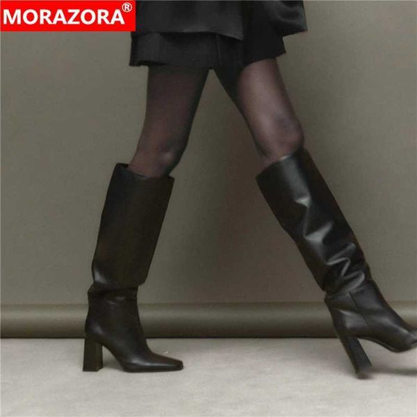 Boots MORAZORA Size 34-43 New Genuine Leather Boots Womens Square Toes High Heels Knee Boots Autumn Winter Boots Womens Shoes ZA Q241130