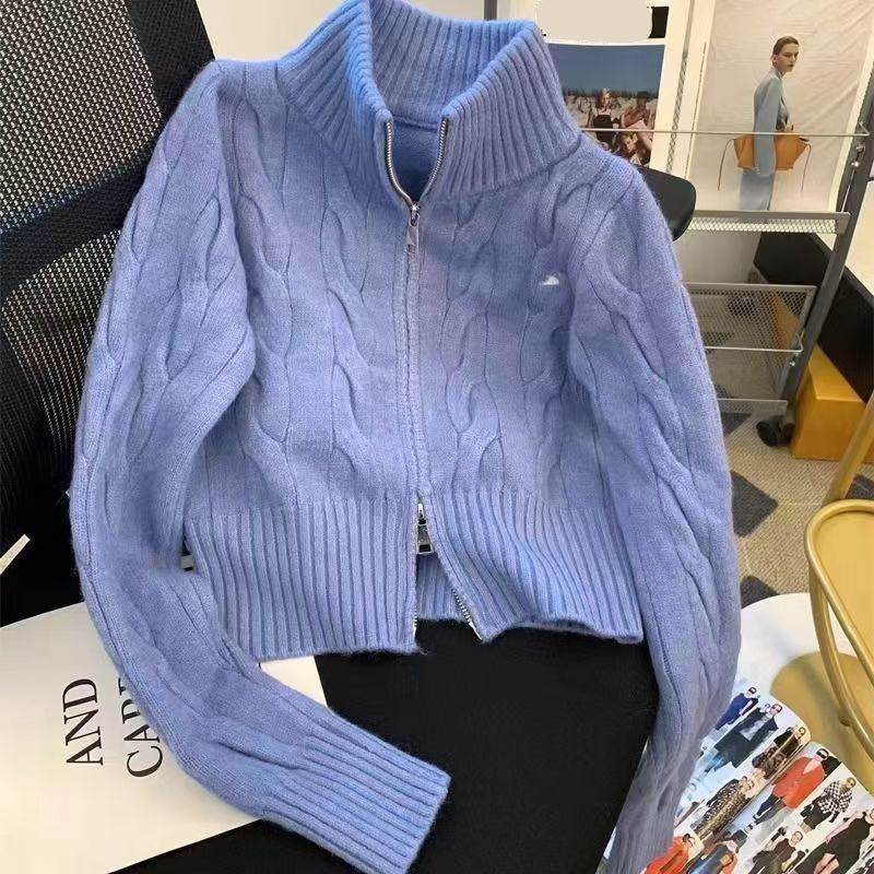 Knit Sweater Women Designer sweater Zipper Cardigan Standing Collar Slim Jacket Winter Outerwear Striped Coat