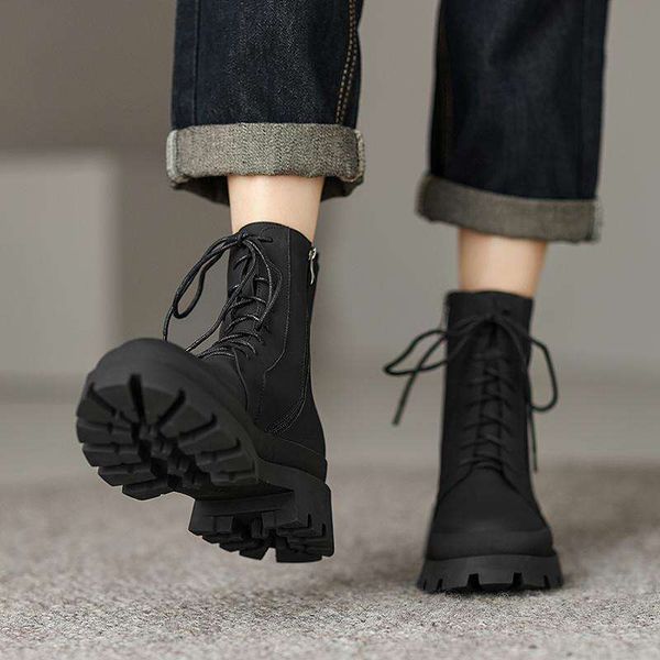 Pot Full Grain Leather Round Toe Thick High Heels Fashion Platform Sporty Chic Cross-Tied Punk Zipper Ankle Boots
