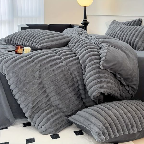 Plush fluffy dkhaki warm winter velvet backcover with 2 pillowcases comfortable vertical striped bed set with zipper closure