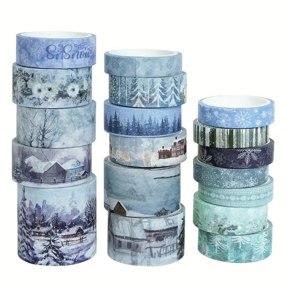 A set of 18 volumes of winter snow scenes and paper tape, 1.5 inches wide, suitable for hand books, notebooks and DIY handmade, holiday gift