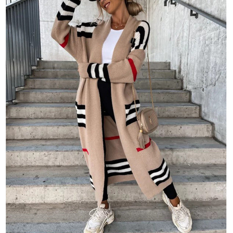 Women s Knits Tees Autumn Winter Knitted Cardigan Women 2023 Striped Patchwork Sweater oversized Loose Long Outerwear Maxi Y2k Coat Soft Jacket 2308