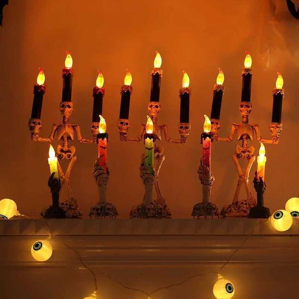 LED Halloween Skull Candlestick Flameless Skeleton Candles Holder Stand Horror Props Halloween Decoration Haunted House DecorC241029