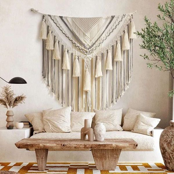 Oversized Fringe Hanging Tapestry Cotton Tassel Curtains Beige Grey Delicate Wall Art Decor For Living Room Bedroom Dorm
