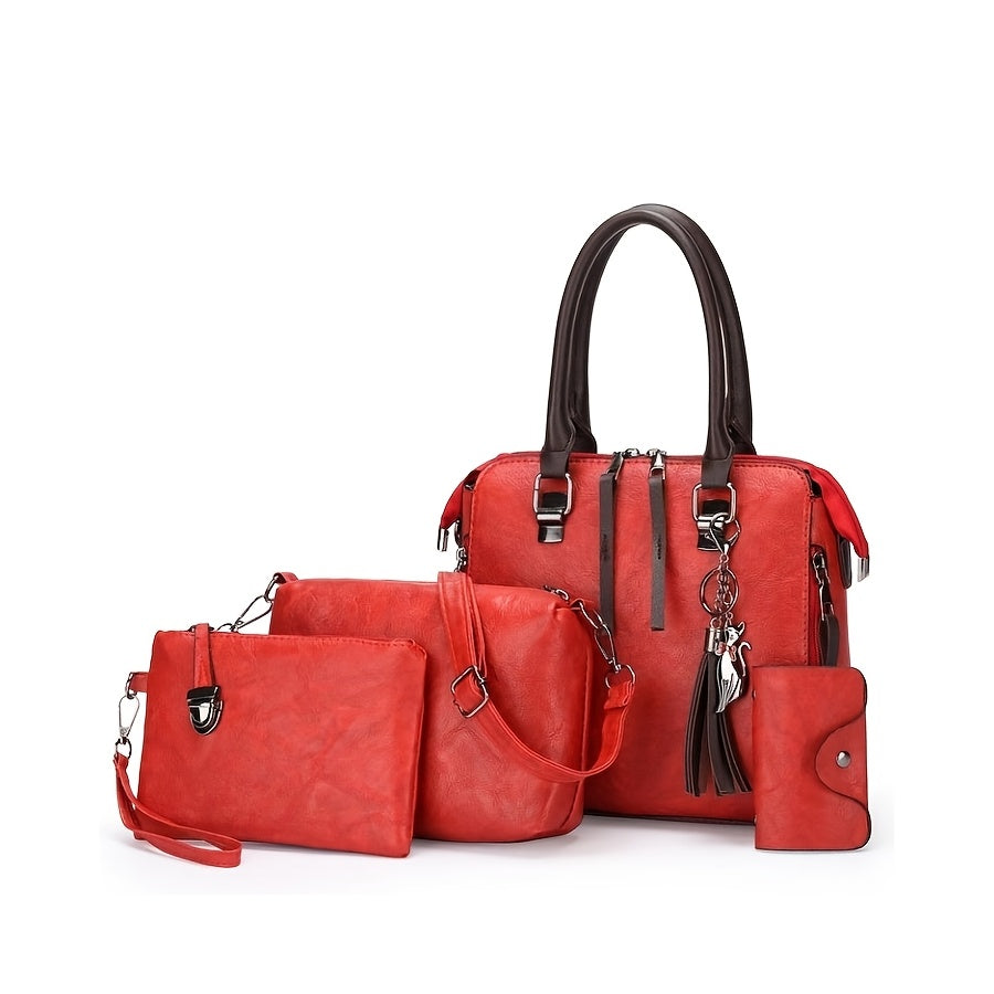 TEMU Fashionable And Versatile 4pc Women's Bag Set, Retro Tote Bag, Crossbody Shoulder Bag, Handbag, Wallet, Oil Wax Pu Tassel Tote Bag, Meeting The