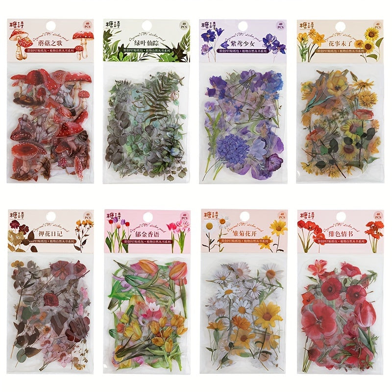 TEMU 320pcs (8 Pack) Vintage -out Flowers Stickers - Waterproof, Mushroom Daisy Fern Leaves - For Scrapbooking, Junk Journals, Planners, Laptops,