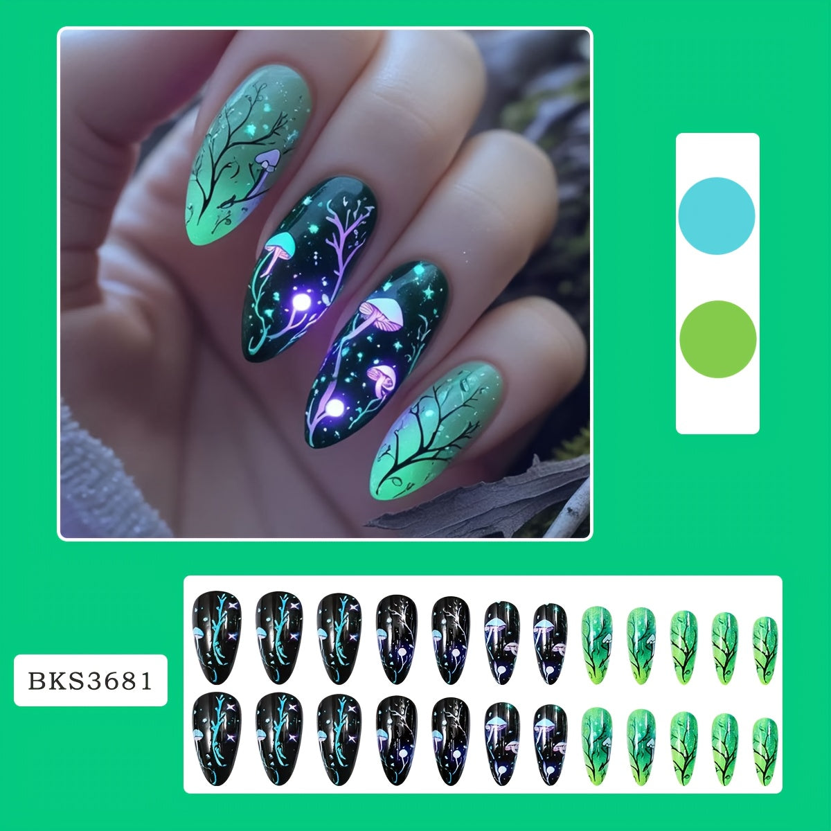 TEMU 24pcs Glowing Mushroom Press-on Nails - Almond Shape Medium Length Glossy False Nails With Neon Glowing Spots & Design, Dark Sky & Stars For