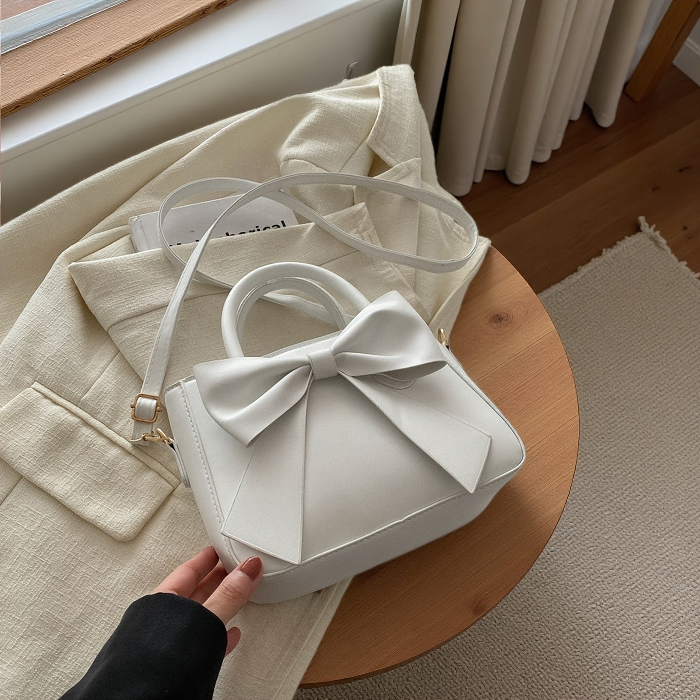 TEMU Elegant Black And White Bow 's Handbag, Dual Handles, , Detachable Shoulder Strap Crossbody Bag, Daily Fashionable Shoulder Bag, Purse For, Bags