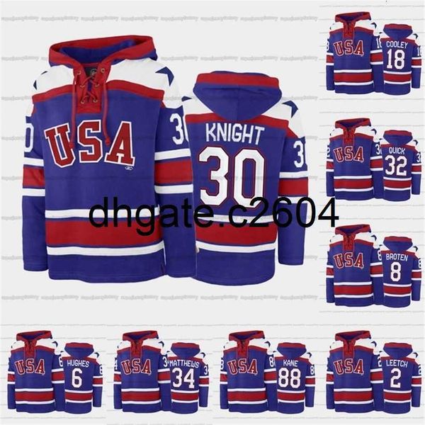 CC2604 A3740 Custom USA Hockey Team Lace-Up Relate Hoodie 34 Auston Matthews 6 Jack Hughes 88 Patrick Kane 30 Spencer Knight 32 Jonathan Qui