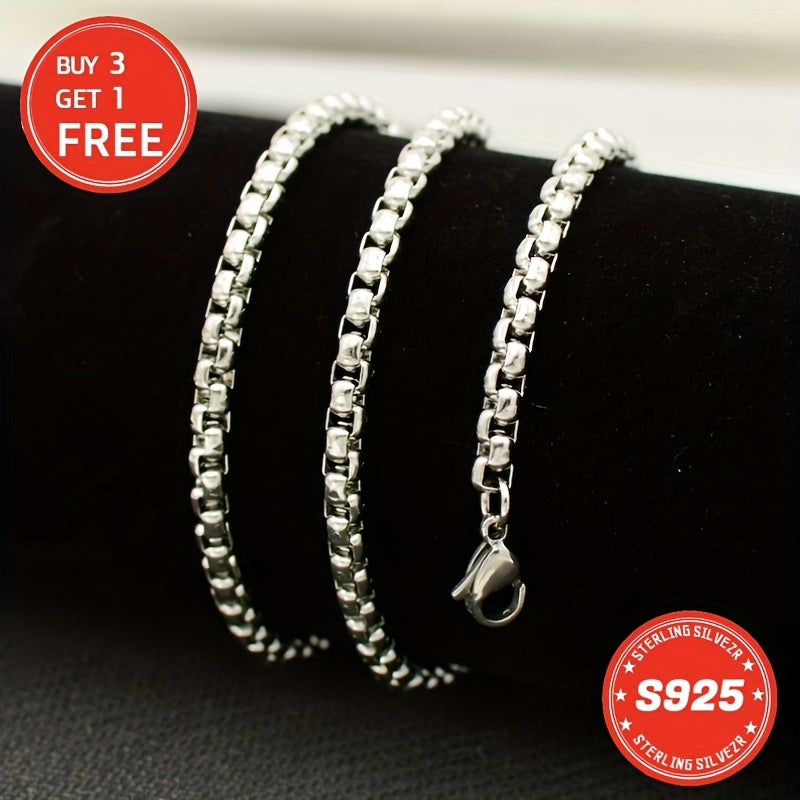 TEMU 925 Sterling Silver 4mm Round Box Chain, Men's And Women' Chain Necklace, Couple Wedding Anniversary Gift, Boyfriend Gift, Birthday Gift