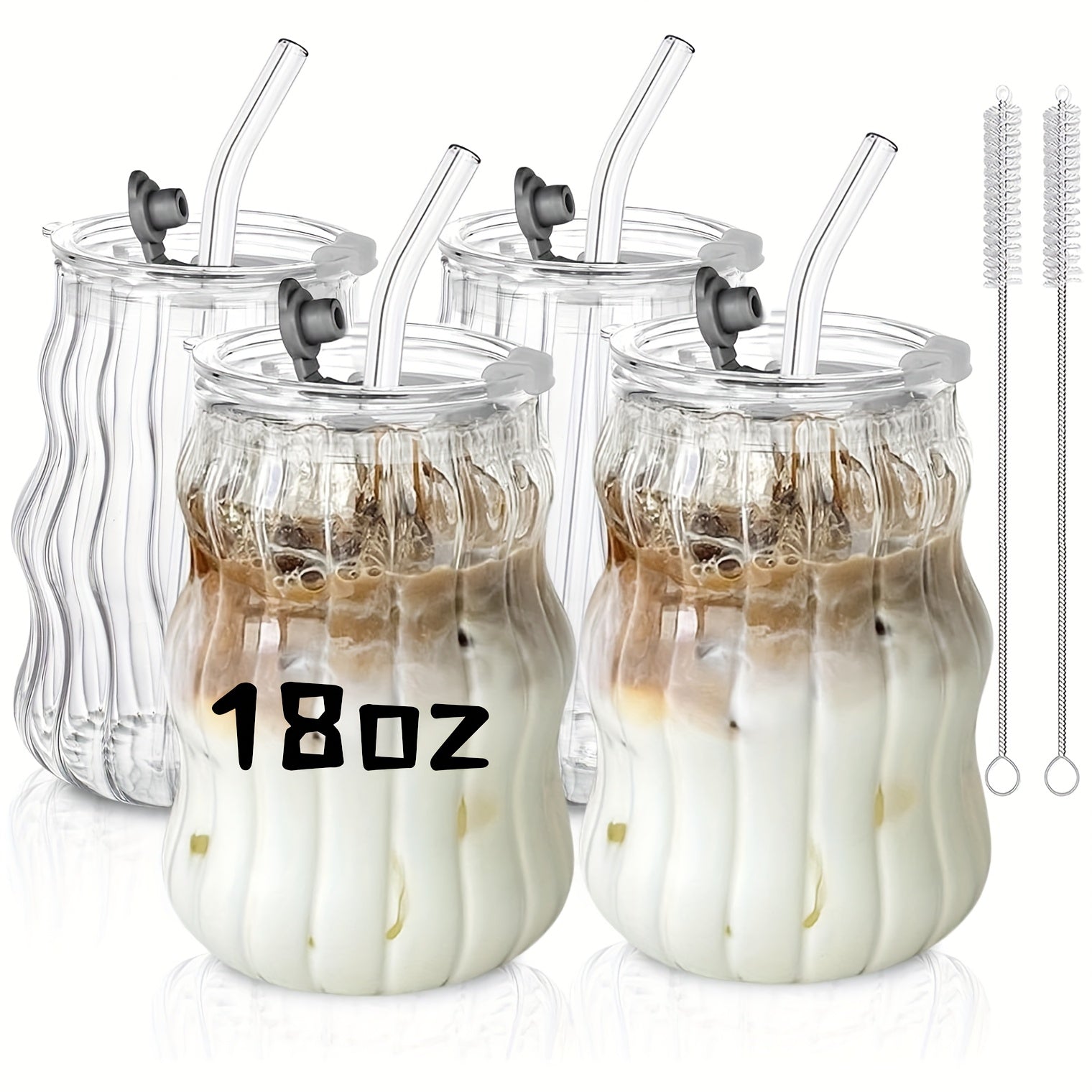 TEMU 4pcs Ribbed Coffee Mug With Lid And Straw, 18oz Glass, Bubble Glass Aesthetics For Iced Coffee, Transparent Ribbed Design, Ideal Drinkware Set,