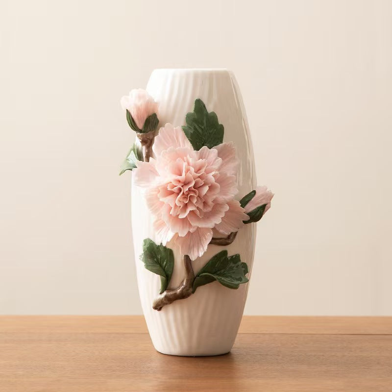Hand-Sculpted Ceramic Vase with Peony Flowers - Artisanal Floral Vase for Living Room & Dining Table Decor