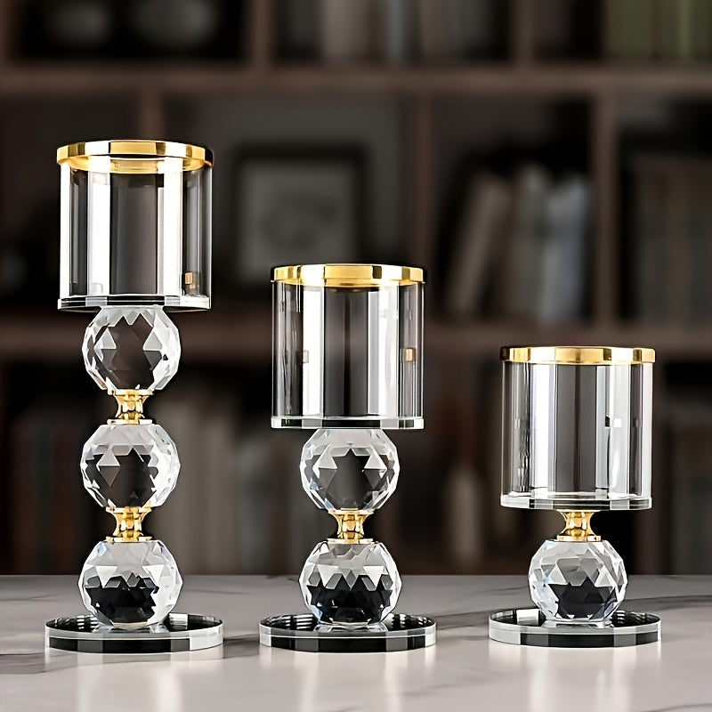 TEMU Crystal Candlestick 3pcs Set - Romantic Desktop Display, Polished Surface, Decoration, Suitable For Weddings, Anniversaries, Dates, Home