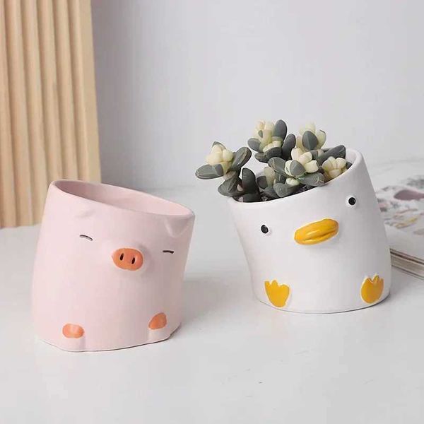 Planters Pots Cute Cartoon Animal Duck and Pig Ceramic Flower Pot Creative Crooked Desktop Balcony Succulent Planting Flowerpot Decoration H