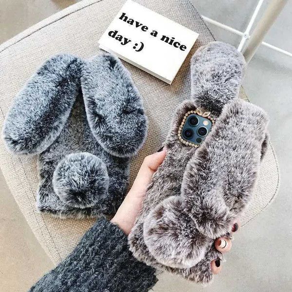 New Arrival 3D Cute Rabbit Fur Phone Case Suitable for iPhone 16 Pro Max Rabbit Fluffy Plush Silicone Cover iPhone 15 14 Plus 13 12 11 Soft