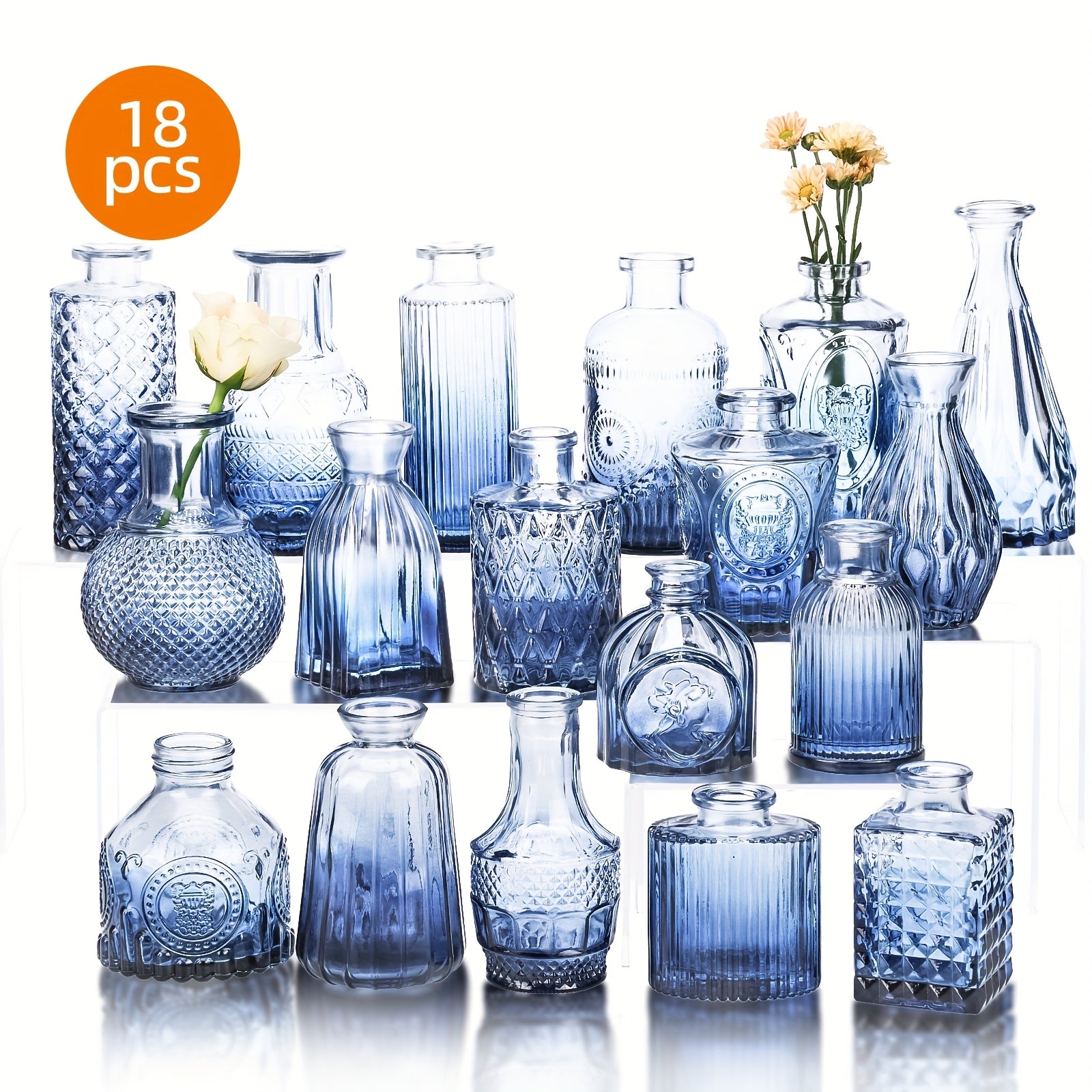 TEMU Superlele 18-36pcs Blue Bud Vases For Flowers, Vintage Clear Glass Vases Small Vases For Centerpieces, For Home Table Decor Rustic Wedding