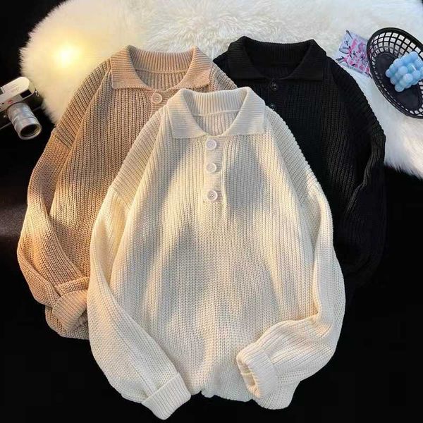 Autumn and winter polo collar sweater for men loose and trendy versatile knit sweater solid color simple and casual jacketXJ240930
